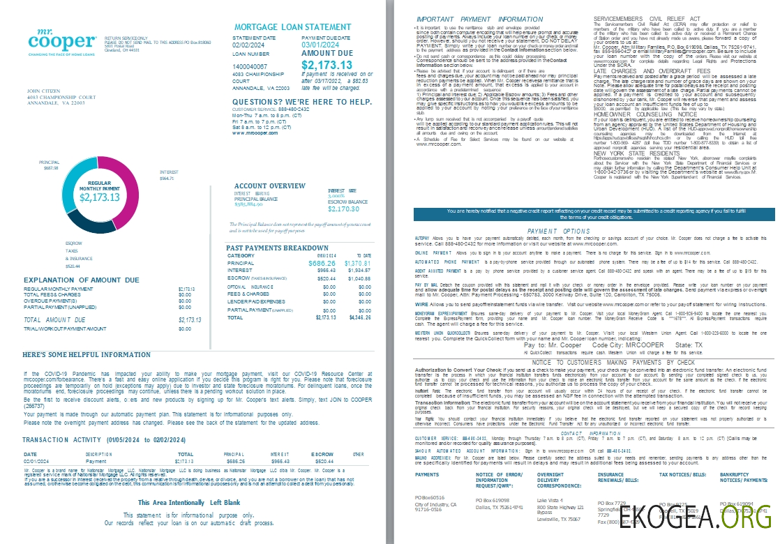 États , Unis M. Cooper Changer le visage des prêts immobiliers Relevé de prêt hypothécaire, 4 pages 1, 2 scr
